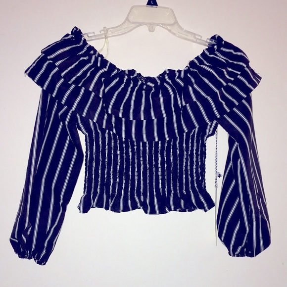 Black with white stripes off the shoulder top- S - Picture 3 of 11